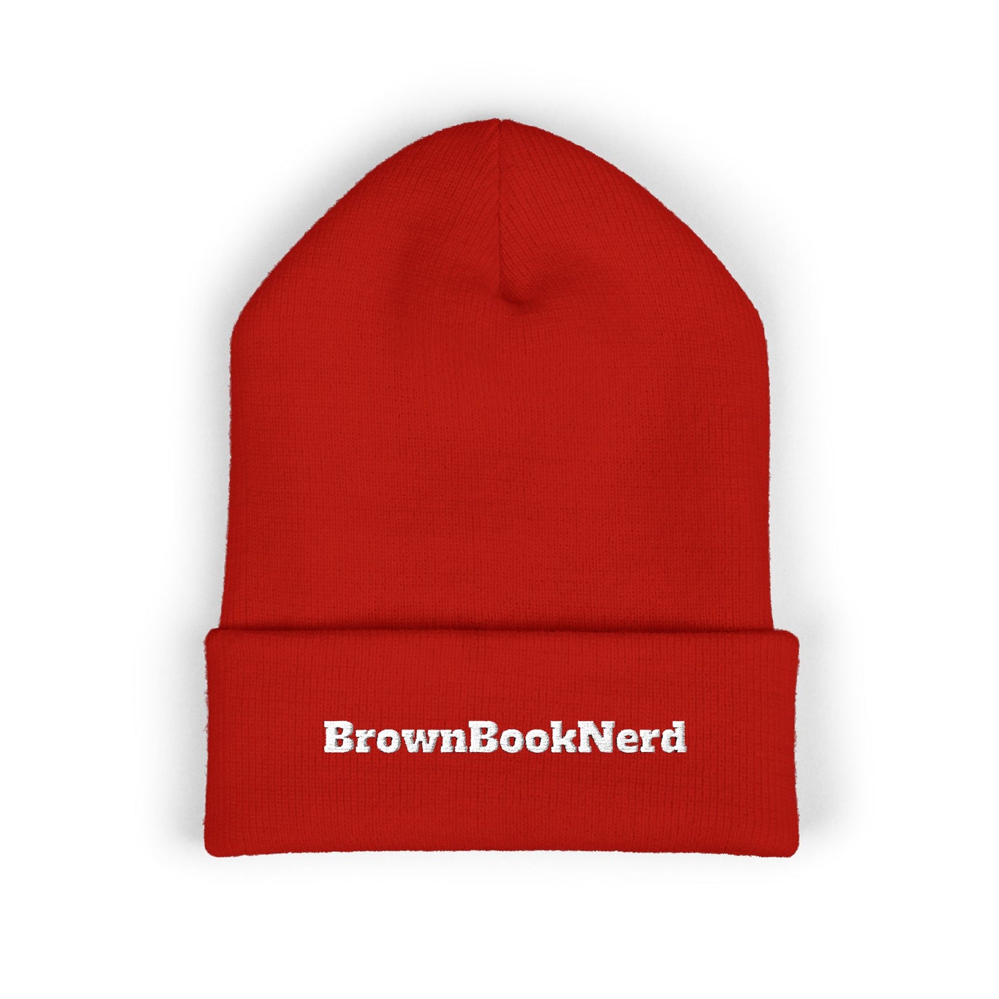 BrownBookNerd Embroidered Cuffed Beanie — Cozy Reader Knit Hat