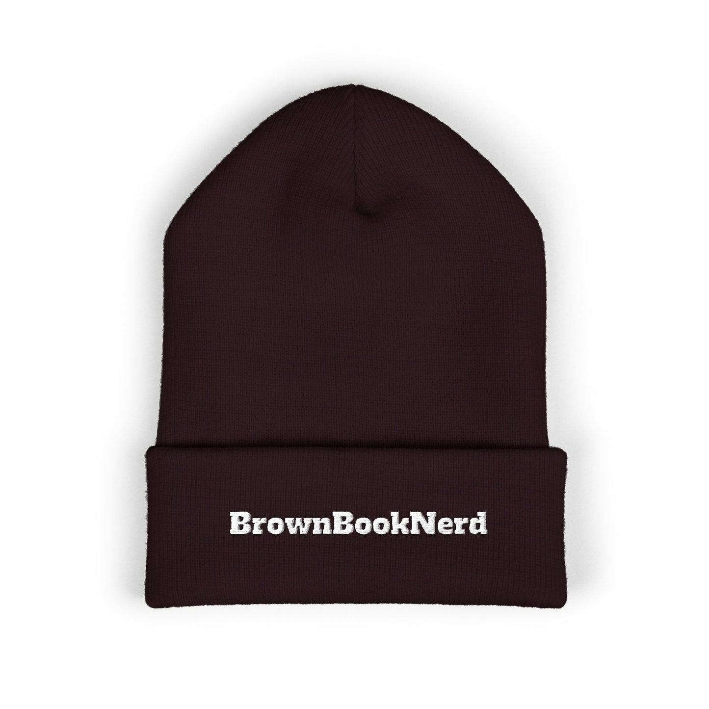 BrownBookNerd Embroidered Cuffed Beanie — Cozy Reader Knit Hat