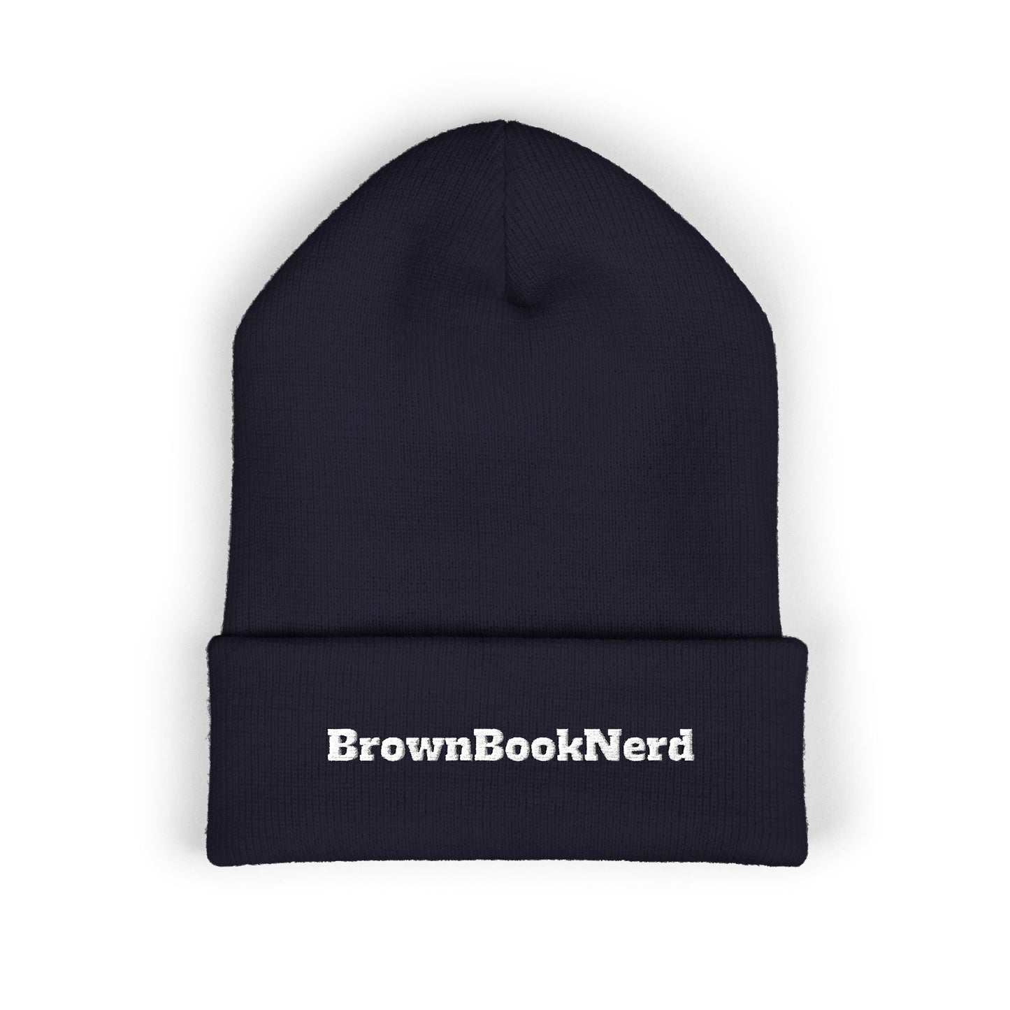 BrownBookNerd Embroidered Cuffed Beanie — Cozy Reader Knit Hat